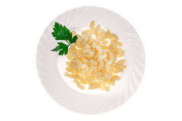 pasta dish from the restaurant. isolated background. view from above. side view