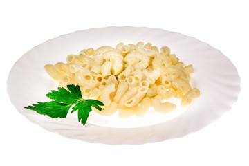 pasta dish from the restaurant. isolated background. view from above. side view