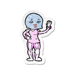 retro distressed sticker of a cartoon female astronaut