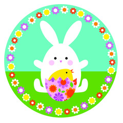 cute Easter bunny and hatching egg on circle with floral frame