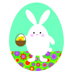 cute Easter bunny holding basket with cute baby chick