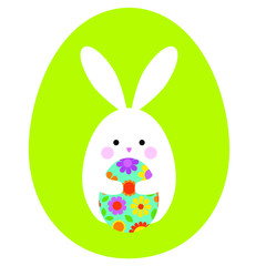 cute Easter bunny holding egg on green eg