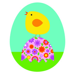 cute Easter chick sitting on floral Easter egg