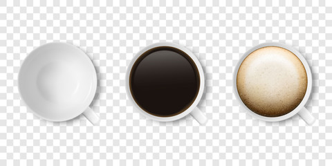 Realistic Vector 3d Glossy Blank White Coffee Cup or Mug Icon Set with Americano, Espresso, Cappuccino Closeup Isolated. Design Template of Coffee Mug or Cup for Mockup. Top View