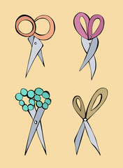 Cartoon style vector illustration of colorful scissors. Great design elements for sticker, card, print or poster. Unique and fun drawing set isolated on beige background