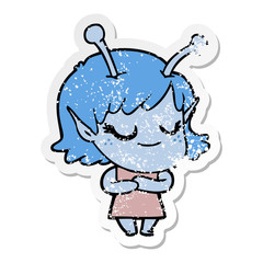 distressed sticker of a smiling alien girl cartoon