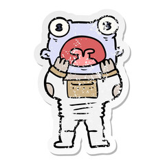 distressed sticker of a cartoon alien gasping in surprise