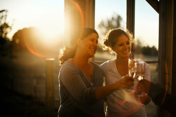 Happy middle aged couple make a toast in the building site of their new home.