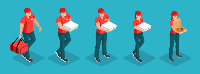 Set of isometric pizza delivery men and women face forward. Couriers go or stand with a pizza box in their hands. Isometric vector illustration.