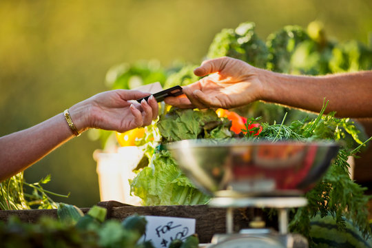Mature woman uses a credit card to pay for fresh groceries at an outdoor market.
