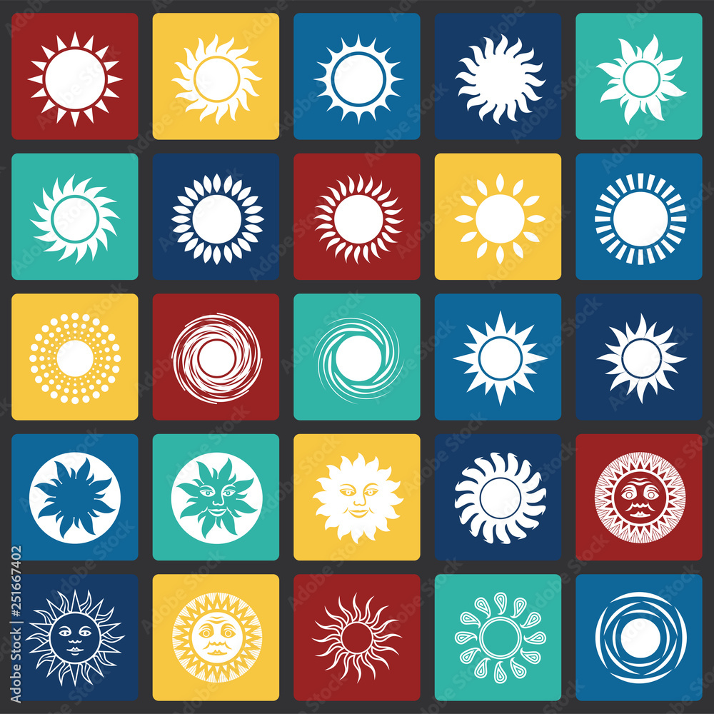Poster sun icons set on color squares background for graphic and web design, modern simple vector sign. int