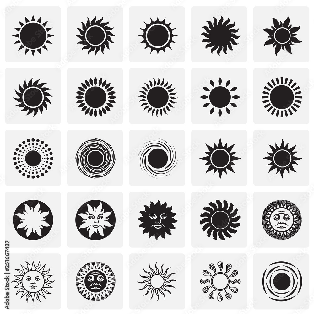 Poster sun icons set on squares background for graphic and web design, modern simple vector sign. internet 