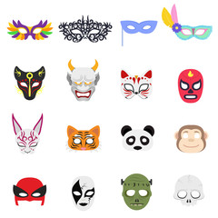 Obraz premium Various themed masks on the face. Mask for party, holiday, carnival, animals, set of isolated objects. Vector illustration
