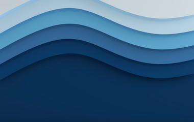 Blue sea elegant paper art cartoon abstract waves. Paper carve background. Modern origami design template. 3d rendering illustration. Paper layer