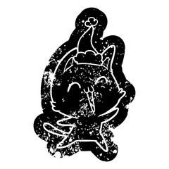 happy cartoon distressed icon of a cat wearing santa hat