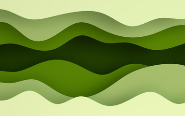 Obraz premium Green paper art cartoon abstract waves, holes. Paper carve background. Modern origami design template. 3d rendering illustration.