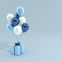 3d render illustration of realistic white and blue balloons and gift box with bow on blue background. Empty space for party, promotion social media banners, posters.