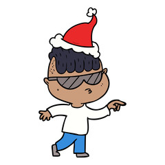 line drawing of a boy wearing sunglasses pointing wearing santa hat