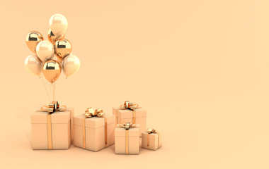 3d render illustration of realistic golden and beige balloons and gift box with bow on blue background. Empty space for party, promotion social media banners, posters. © Meranna