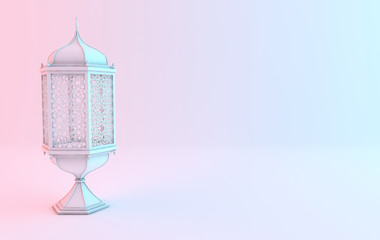 White lantern with candle, lamp with arabic decoration, arabesque design. Concept for islamic celebration day ramadan kareem or eid al fitr adha. 3d rendering illustration