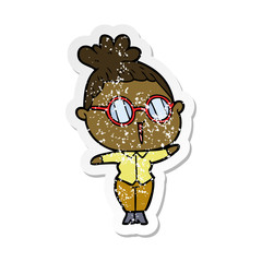 distressed sticker of a cartoon woman wearing spectacles