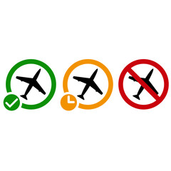 Airport information icons. Flight status on time, delayed and cancelled. Isolated airplane illustration set.