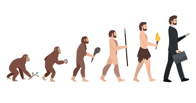 Human evolution. Development from monkey to modern man. Male businessman with a briefcase and smartphone. Isolated vector illustration