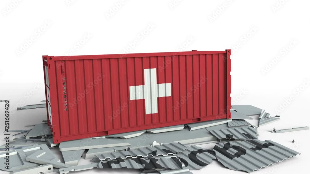 Poster Container with EXPORT text being crashed with container with flag of Switzerland, conceptual 3D animation