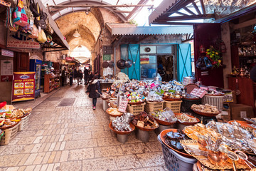 The Arabic suq in the historic old city of Akkon, Israel., Middle East