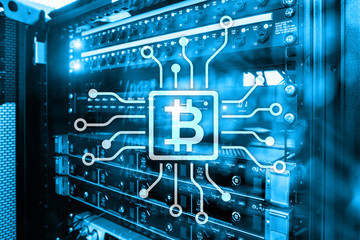 Bitcoin, Blockchain concept on server room background.