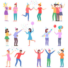 Happy people at the party set. Celebration event, birthday, New Year. Friends together present a gifts, treat with cake, dance and sing, take a joint selfie. Isolated vector illustration