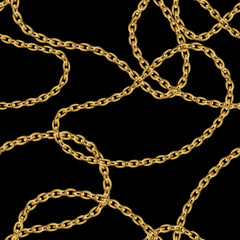 Fototapeta na wymiar Seamless pattern with gold chains for fabric design on black background. Baroque golden illustration. 
