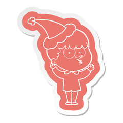 cartoon  sticker of a curious boy wearing santa hat