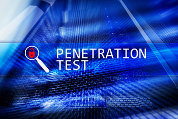 Penetration test. Cybersecurity and data protection.Hacker attack prevention. Futuristic server room on background.