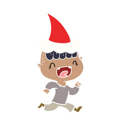 flat color illustration of a happy boy laughing and running away wearing santa hat