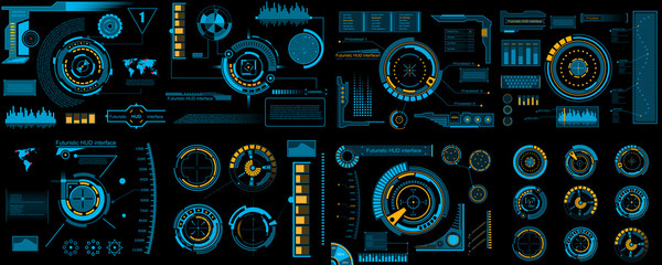 Creative vector illustration of HUD interface elements set, infographics Sci Fi isolated on transparent futuristic background. Art design template. Abstract future concept science virtual graphic - obrazy, fototapety, plakaty
