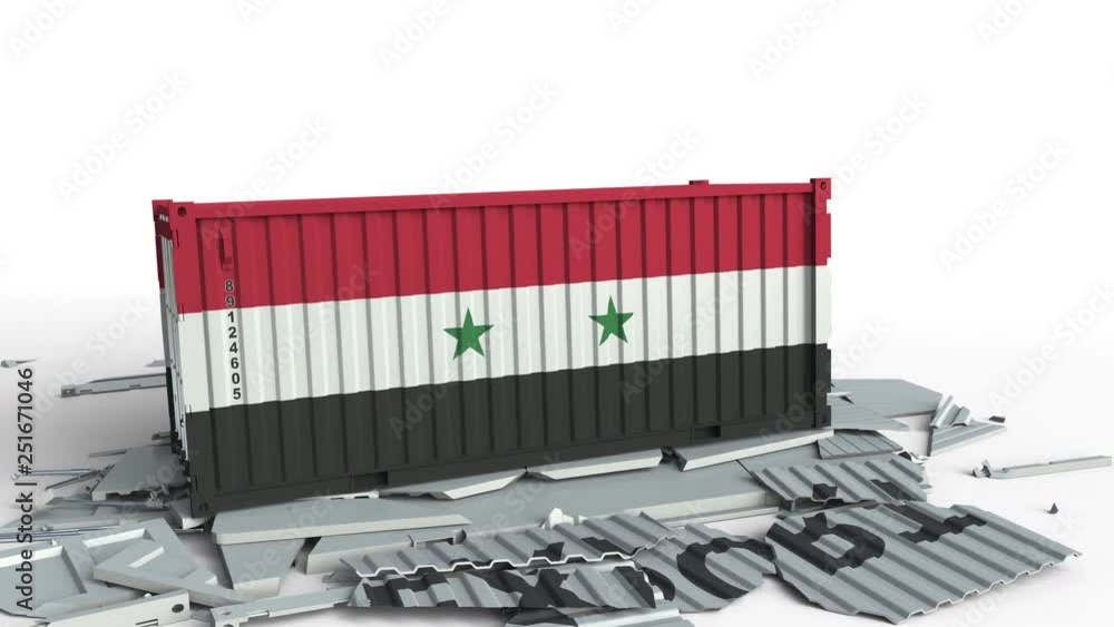 Poster container with export text being crashed with container with flag of syria, conceptual 3d animation