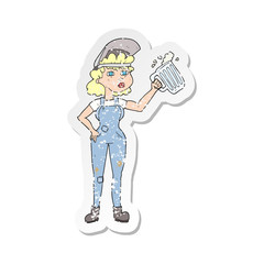 Naklejka premium retro distressed sticker of a cartoon hard working woman with beer
