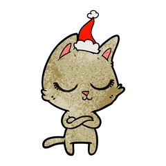 calm textured cartoon of a cat wearing santa hat