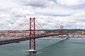 Panoramic view of Ponte 25 de Abril, long bridge in Lisbon