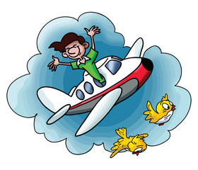 Cartoon man travelling by plane going on a vacation vector illustration