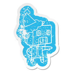 cartoon distressed sticker of a robot wearing santa hat