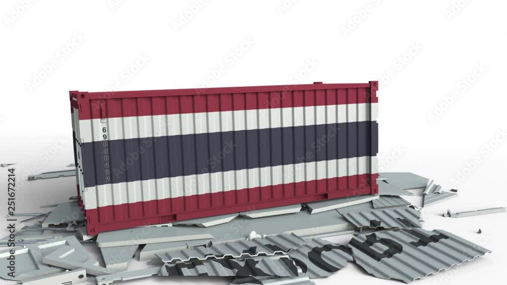 Aufkleber container with flag of thailand breaking container with export text. conceptual 3d animation