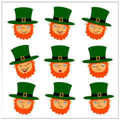Set of funny leprechaun faces with different emotions for St. Patrick's Day.