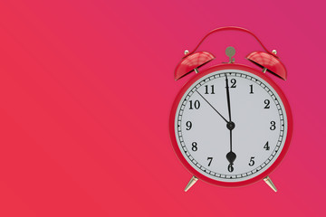 Old red clock on a red, purple gradient background shows 6 hours