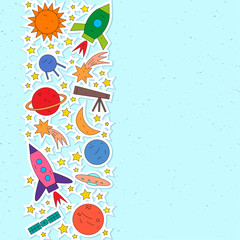 Set of space objects rocket, planet, star, comet, ufo, satellite. Vector illustration for poster, textile, wallpaper, card. 