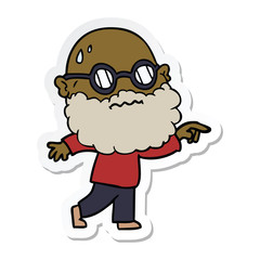 Obraz premium sticker of a cartoon worried man with beard and spectacles pointing finger