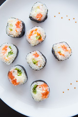 Delicious fresh sushi on a white plate, close-up.