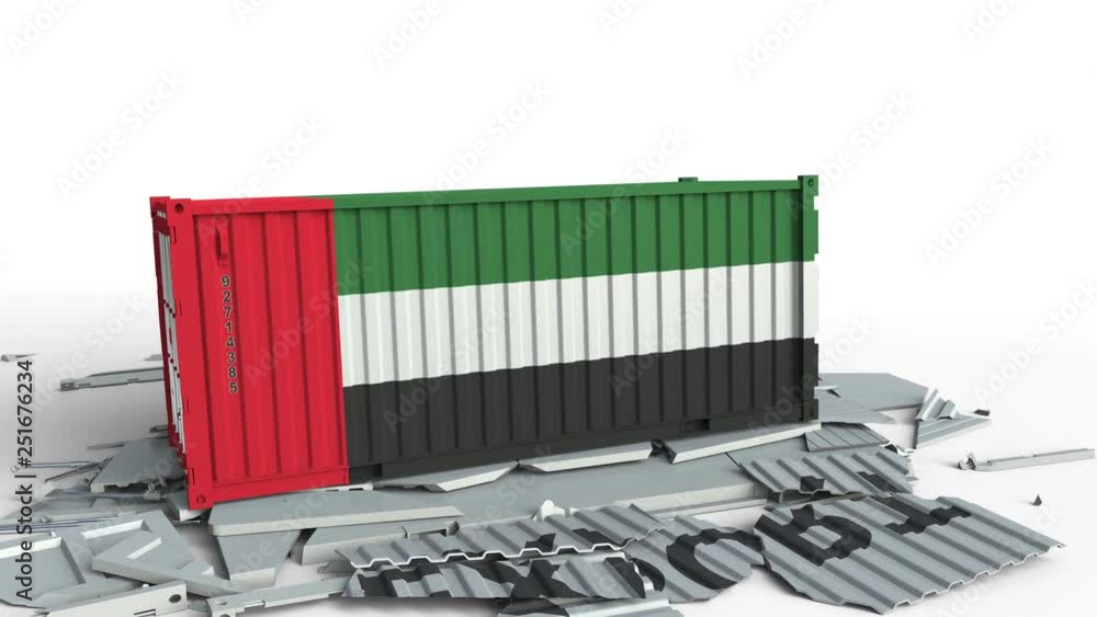 Poster container with flag of the uae breaking container with export text. conceptual 3d animation