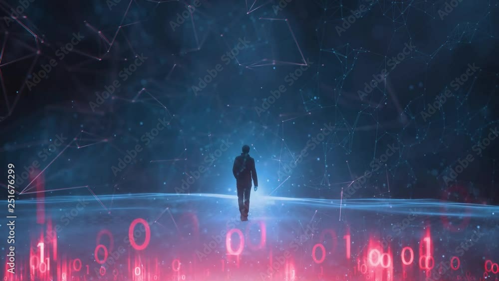 Canvas Prints businessman walks alone in danger digital computer cyberspace.